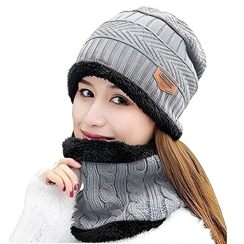 Winter Wool Cap with Neck Warmer Set | Thermal Beanie & Scarf Combo for Men and Women | Gray
